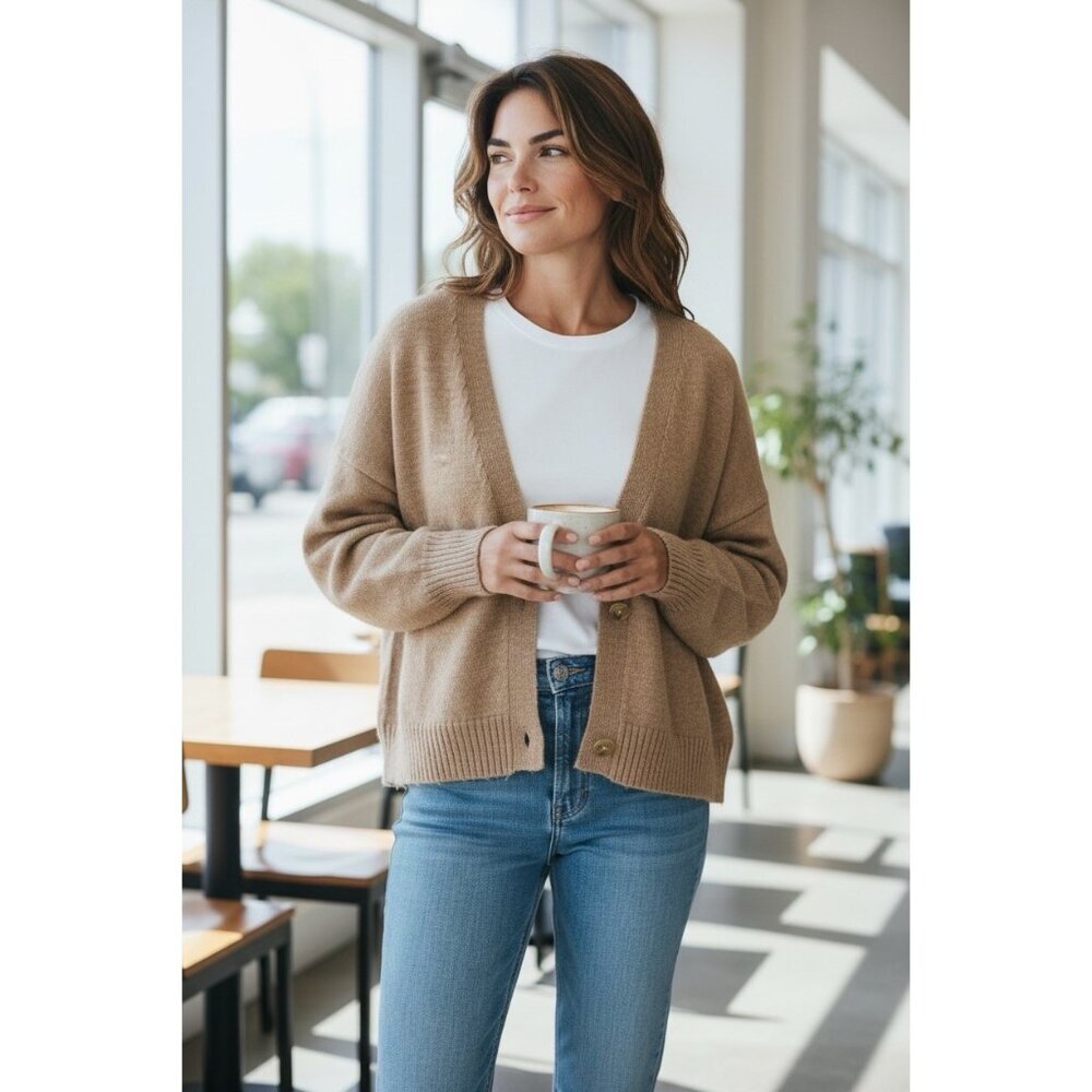 Petal & Pup Camel Cropped Cardigan V Neck Button Knit Sweater US M